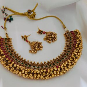 high neck choker with ghungroo bells and red green stones